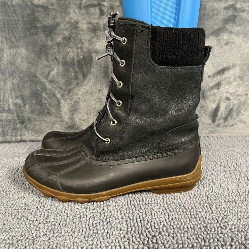Sperry Saltwater Tall Black Shimmer Suede Duck Boots Womens 8.5 STS85080